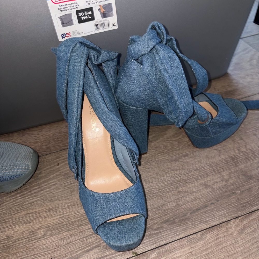 Shoe Bedazzle Denim Blue High Heel Platform Sandals with Ankle Tie